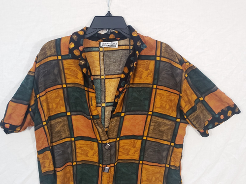 Connections XL Vintage Womens Rayon/Silk 80s 90s Shirt Top Button Squares Short - Imagen 2 de 3