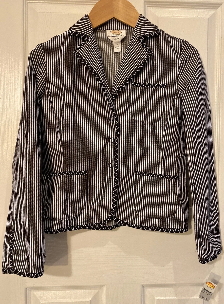 NWT Talbots Petite Black White Striped Denim Jacket 2 Pocket Size