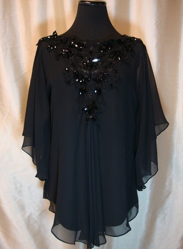 EUC Tadashi Shoji 6/S Black Beaded Floaty Layered Occasion Blouse - Picture 3 of 5