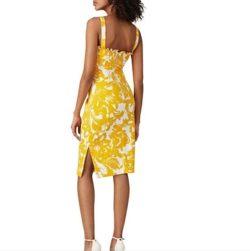 Trina Turk Größe 8 Zile Ringelblume gelb weiß Blumen Rüschenbesatz Midikleid neu mit Etikett - Bild 5 von 14