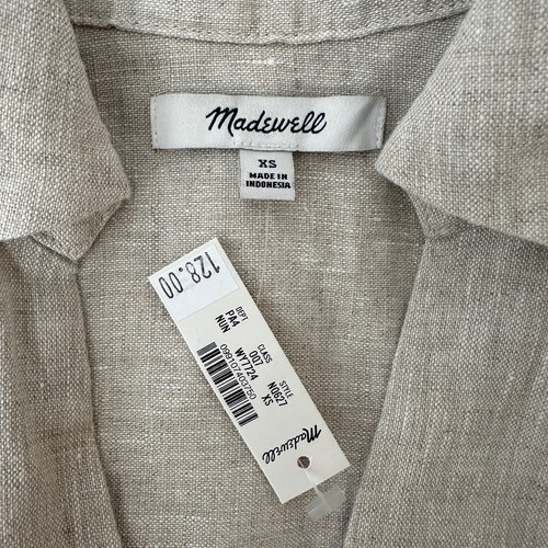 Madewell V Neck Mini Dress 100% Linen Natural Undyed Beige Pockets XS NWT - Picture 7 of 13