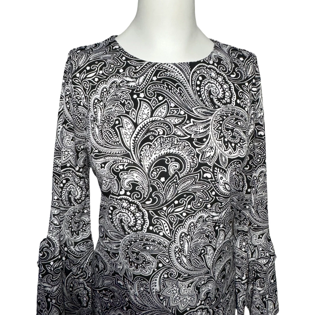 Abito Michael Kors Paisley Elasticizzato Bianco Nero Maniche 3 4 XS Extra Small
