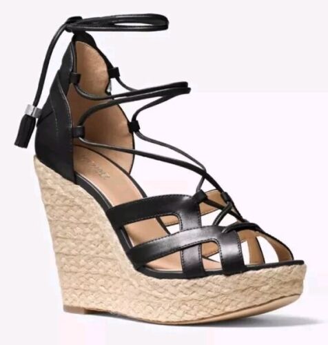New! Women MICHAEL Michael Kors Mirabel Leather Lace-Up Wedge, Black Sizes 8.5