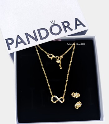 NEW 100% PANDORA 14K Golden Infinity Stud Earrings Necklace Gift Set  B802597