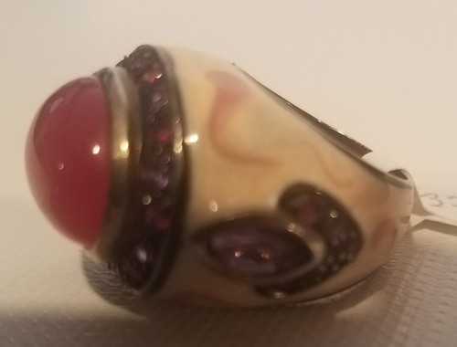 Nachlass Ring Emaille mit Cabochonschliff Kalcedon mit Rubinen und Amethyst - Bild 2 von 6