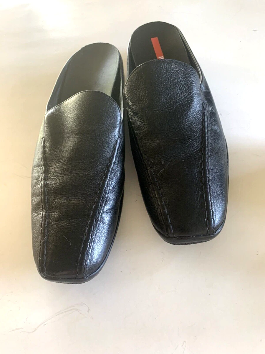 Effortless Chic: Prada Black Leather Slip On Mules