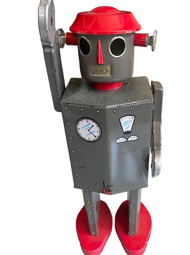 Atomic Man Wind Up Robot Tin Toy 11.5" Large Saint John Marxu Gray Red Litho - Picture 6 of 17