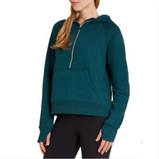 Danskin Half Zip Mixed Rib Cozy Hoodie Thumbholes Kangaroo Pocket Green Women XS