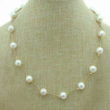 NEW  AAAA ROUND 8-9MM AKOYA WHITE PEARL STATION NECKLACE 18"  14K GOLD CLASP
