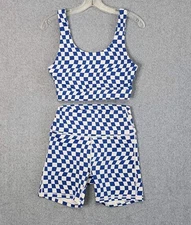WILO The Label Sports Bra & Shorts Wave Check Womens Medium Blue White Athletic