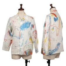 JURGEN LEHL Linen Drawing Printed Open Collar Shirt Size M(K-146688)