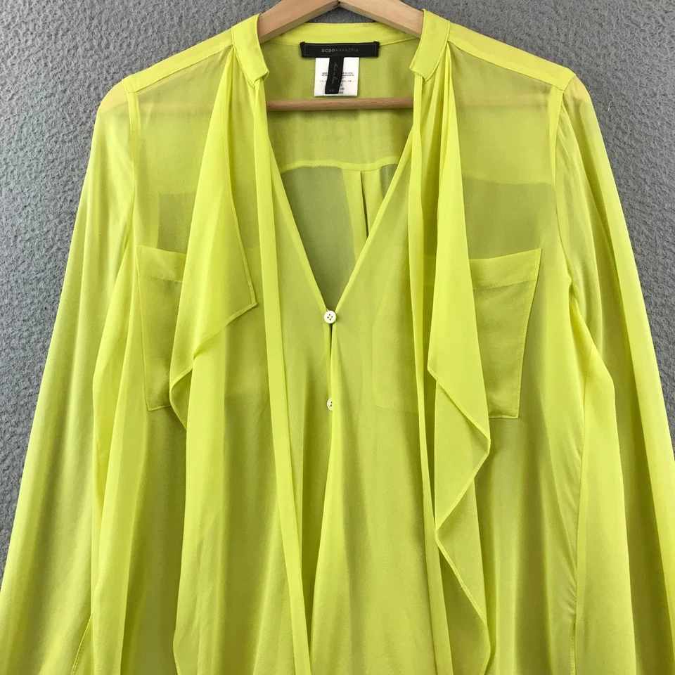 BCBG Maxazria Longline Droptail Neón Amarillo Seda Manga Larga Transparente Top, XS Foto 3 de 4