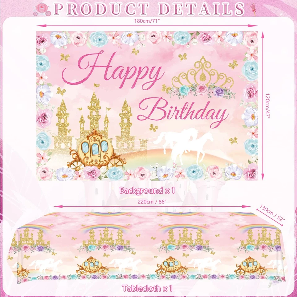 Princess Birthday Party Supplies Includes Backdrop Banner Plate Napkins Cake ... Foto 3 de 4