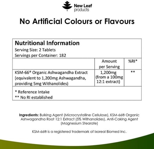 NEW LEAF Ashwagandha KSM 66-365 Tablets Vegan High Strength UK Made - Picture 6 of 6