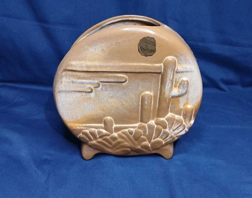 Vintage Frankoma #4 Ceramic Desert Cactus Scene Planter Vase Plainsman Brown