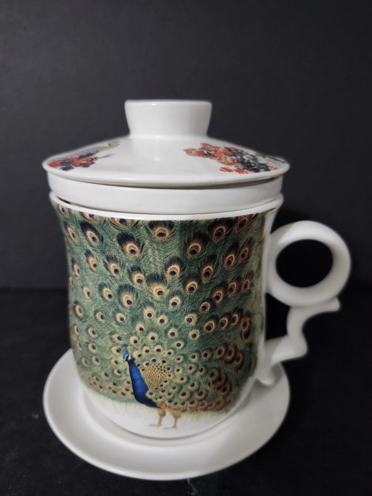 TEAVANA Peacock/Floral Porcelain Tea Cup Lid Infuser Saycer 4 Pc Set
