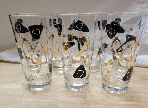 Federal Atomic Amoeba Boomerang Glasses - Black & Gold Set 7 MCM Vtg Mad Men