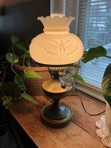 Vintage Brass Lamp with Eagle Milk Glass Shade Works Great Original Shade