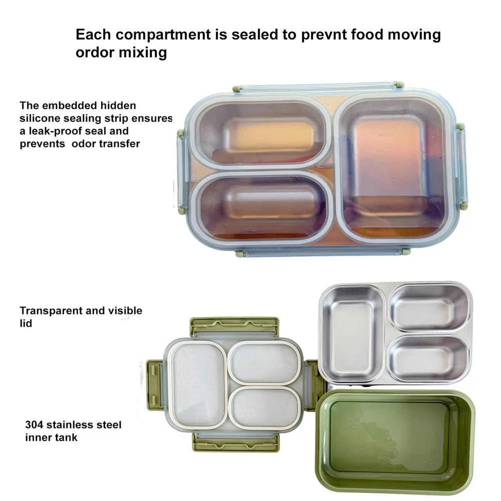 Bento Box Lunch Box Stainless Steel Food Container with 3 Compartments is Sealed