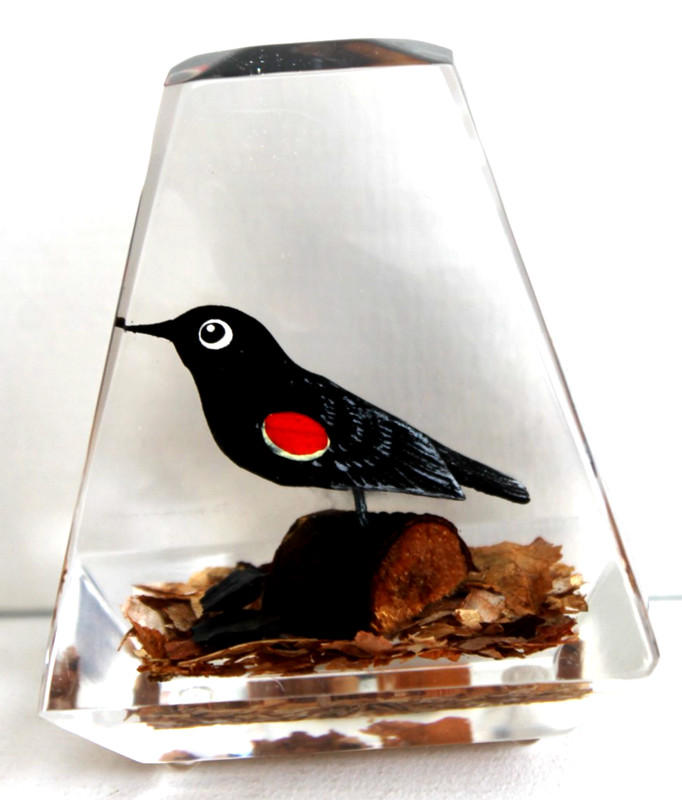 Vintage Hand Carved Painted Blackbird Lucite/Acrylic Unique Canada Paperweight