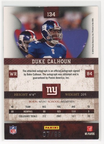 2010 Panini Plates & Patches #134 Duke Calhoun Signatures NY Giants SN07/99 - Picture 2 of 2