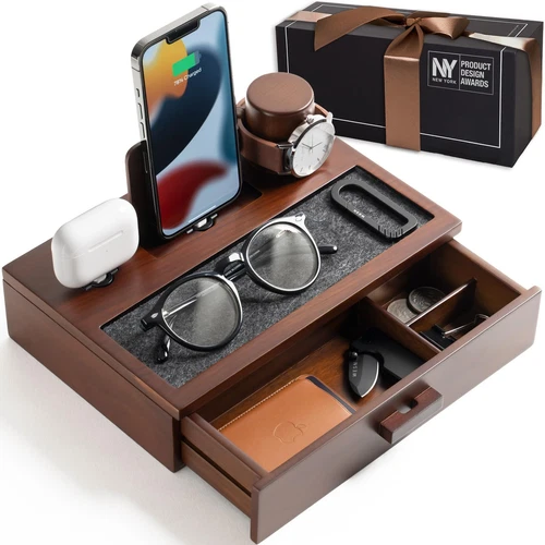 Premium Wooden Phone Docking Station with Drawer – Nightstand Organizer for C...