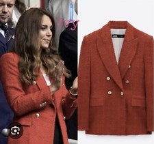 NWOT WOMENS ZARA RED TEXTURE DOUBLE BREASTED BLAZER S 36  B 31  W 25  L ASO POW