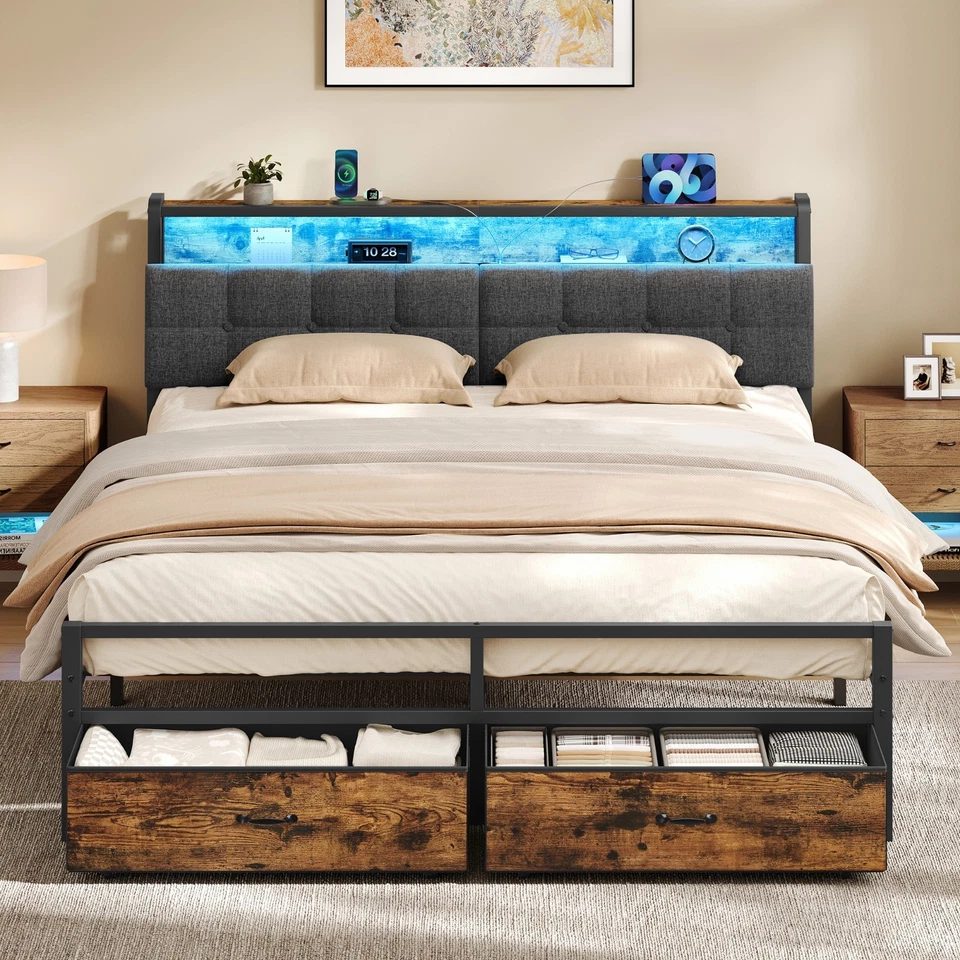 VASAGLE Metallbett, Bettgestell mit Kopfteil, Bett mit Stauraum, LED Beleuchtung - Bild 2 von 2