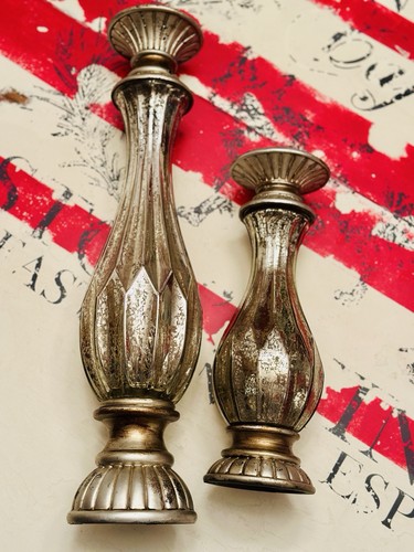 Pair of Brushed Aged Nickel & Champagne Mercury Glass Pillar Candle Holders - Picture 2 of 20