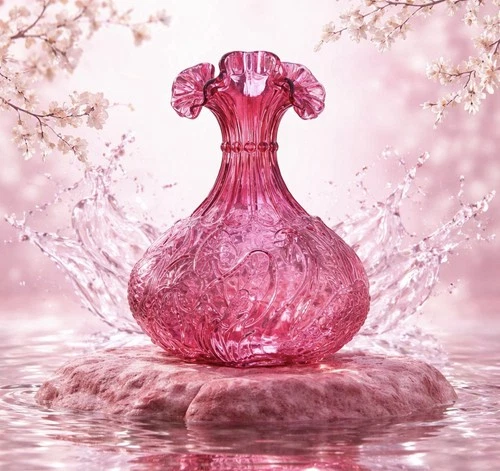 Vintage Fenton Cranberry Glass Vase with Swans and Cattails