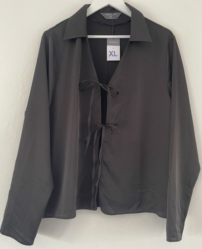 WOMENS PRIMARK SIZE XL UK 14-16 BLACK TIE FRONT SILKY BLOUSE TOP