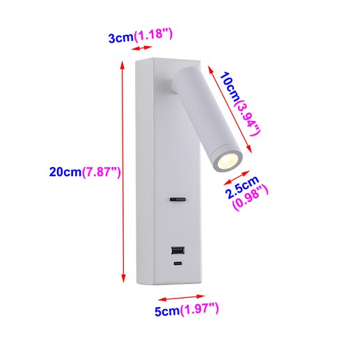 COB LED Bedroom Bedside Lamp Rotatable Spotlight Wall Light Phone Charger Switch - Picture 10 of 20