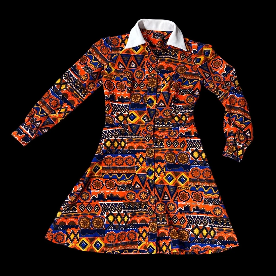 Vestido Vintage Naranja Azul Años 70 Poliéster Groovy Geométrico Hecho a Mano Otoño Retro Foto 2 de 4