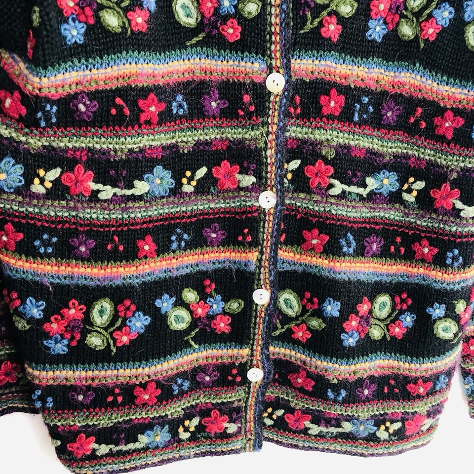 Hand Knit Christmas Black Cardigan Sweater Jacket Sz PM Embroidered Fall Floral - Image 4 of 4