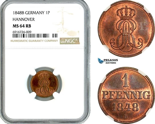 AK692, Germany, Hannover, Ernst August, 1 Pfennig 1848 B, NGC MS64RB