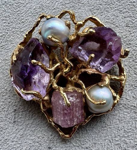 Massive Arthur King 18k Gold Amethyst & Pink Gem w/ Pearl Brooch