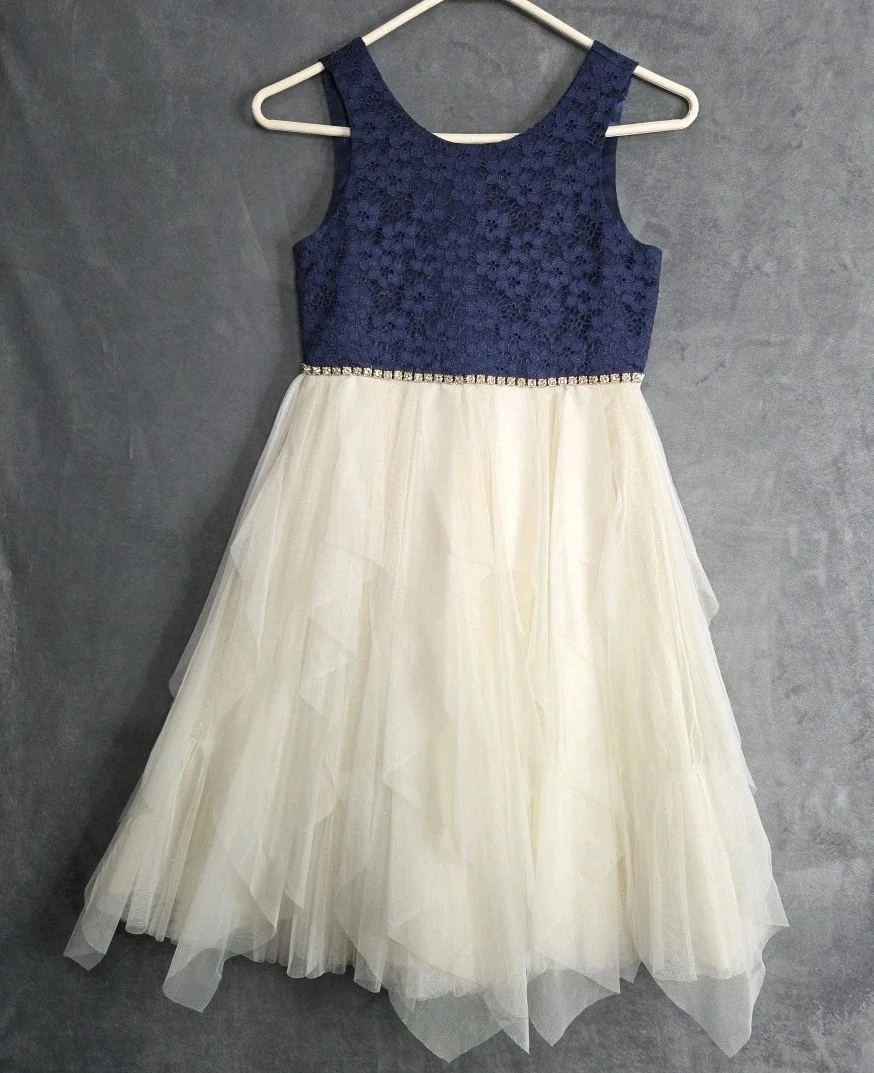 American Princess Girls Navy/Ivory Rhinestone Dress Size 12