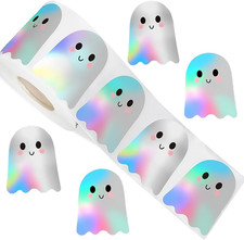 500Pcs Halloween Pholographic Ghost Stickers Rolls 1.2in Laser Ghost Waterproof