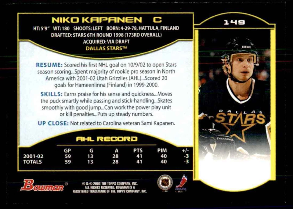 2002-03 Bowman YoungStars Niko Kapanen Dallas Stars #149 - Image 2 of 2
