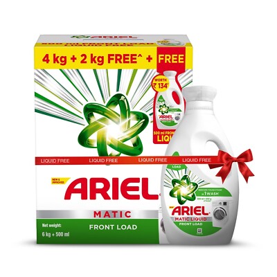 Ariel Matic Detergent Powder Front Load - 4kg + 2kg + 500ml Liquid free