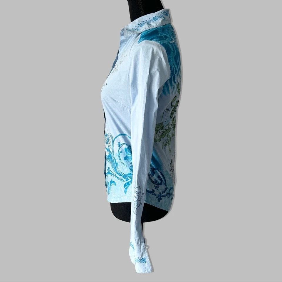 Camisa Indigo Palms Paisley Bordada Novedad Bohemia Abotonada Talla XS Foto 2 de 4