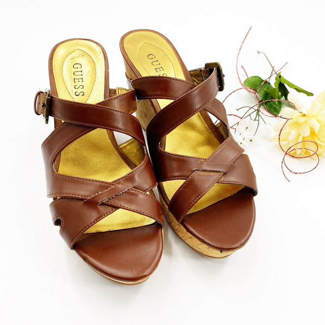 Guess Womenâs Brown Leather Strappy Cork Wedge Platform Heel Sandals Sz 10M | eBay