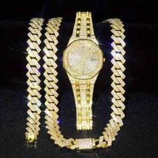 Luxury Gold Plated Watch Iced Cuban Chain Necklace Hip Hop Bracelet Gift set