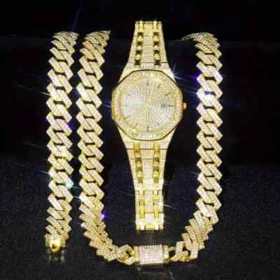 Luxury Gold Plated Watch & Iced Cuban Chain Necklace & Hip  display picture 1