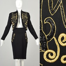 Medium 1980s Gold Embroidered Beaded Two Piece Black Knit Skirt Suit Set Outfit