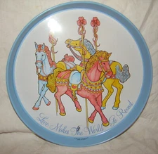 Vtg Carousel Horse~Tin Serving Tray~Love Makes the World Go Round~Round 1989