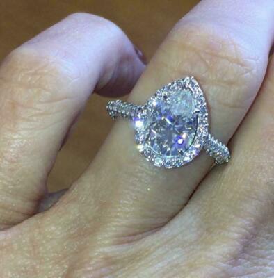 Pear Cut 2.90Ct Diamond White Gold Finish Simulated Halo Engagement Ring Size 8