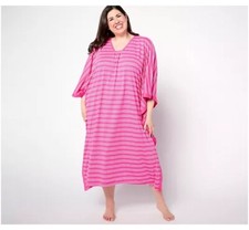 Carole Hochman Striped V-Neck Caftan Dress Size XS Hot Pink QVC A634008