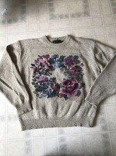 Vintage 90's Eddie Bauer Wool Bl Cream Floral Wreath Flowers Sweater Large