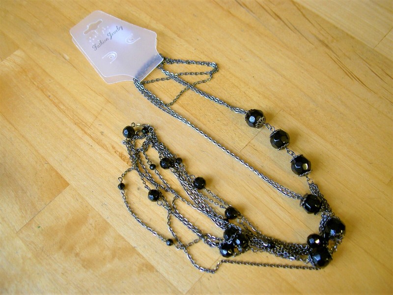CLASSIC ELEGANCE OF FIVE LONG BLACK CHAINS BLACK ACCENT GLASS BEADS NECKLACE-34"